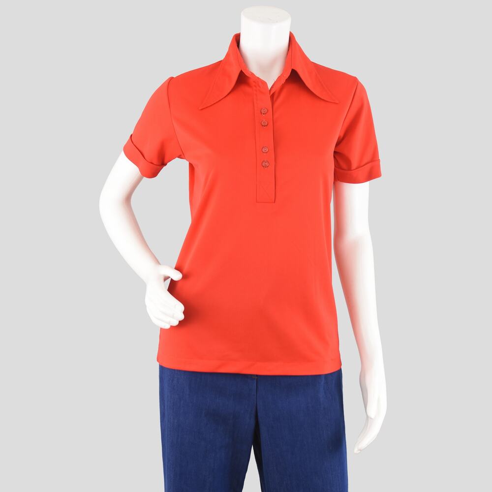 Vintage 70s Red Polyester Short Sleeve Top with Disco Collar Size Small